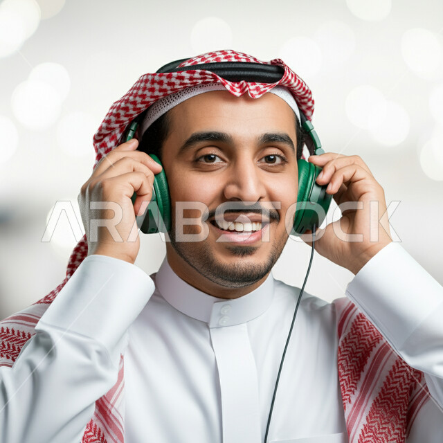 دمج التسلية بالاجهزة الحديثة والتكنولوجيا، مفهوم الاصغاء والاستماع الى الانغام الموسيقية،  صورة مقربة لرجل عربي خليجي سعودي يرتدي الثوب التقليدي والشماغ يضع سماعات الراس بتعابير الاندماج والسرور، قضاء اوقات ممتعة في عطلة نهاية الاسبوع، استخدام تقنية الهيدفون