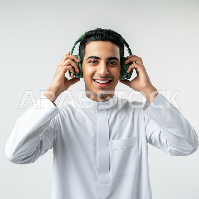 دمج التسلية بالاجهزة الحديثة والتكنولوجيا، مفهوم الاصغاء والاستماع الى الانغام الموسيقية،  صورة مقربة لرجل عربي خليجي سعودي يرتدي الثوب التقليدي يضع سماعات الراس بتعابير الاندماج والسرور، قضاء اوقات ممتعة في عطلة نهاية الاسبوع، استخدام تقنية الهيدفون