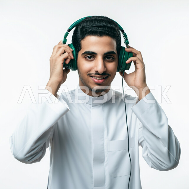 دمج التسلية بالاجهزة الحديثة والتكنولوجيا، مفهوم الاصغاء والاستماع الى الانغام الموسيقية،  صورة مقربة لرجل عربي خليجي سعودي يرتدي الثوب التقليدي يضع سماعات الراس بتعابير الاندماج والسرور، قضاء اوقات ممتعة في عطلة نهاية الاسبوع، استخدام تقنية الهيدفون