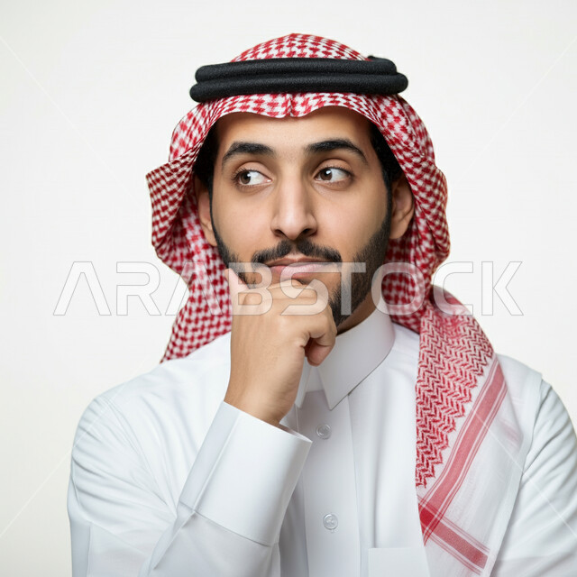 التمعن والتركيز لإيجاد حل لمشكلة، بورتريه مقرب لرجل عربي خليجي سعودي يرتدي الثوب التقليدي والشماع يضع يده على ذقنه بتعابير التفكير والتركيز بشيء ما، ايماءات شرود الذهن والحيرة والقلق، التأمل و التخطيط للمستقبل، خلفية بيضاء
