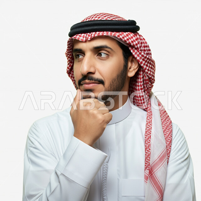 التمعن والتركيز لإيجاد حل لمشكلة، بورتريه مقرب لرجل عربي خليجي سعودي يرتدي الثوب التقليدي والشماع يضع يده على ذقنه بتعابير التفكير والتركيز بشيء ما، ايماءات شرود الذهن والحيرة والقلق، التأمل و التخطيط للمستقبل، خلفية بيضاء