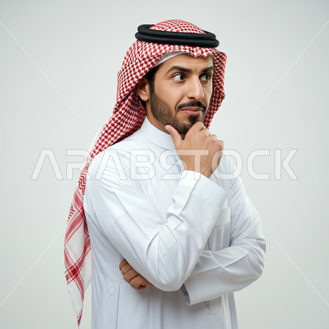 التمعن والتركيز لإيجاد حل لمشكلة، بورتريه مقرب لرجل عربي خليجي سعودي يرتدي الثوب التقليدي والشماع يضع يده على ذقنه بتعابير التفكير والتركيز بشيء ما، ايماءات شرود الذهن والحيرة والقلق، التأمل و التخطيط للمستقبل، خلفية بيضاء