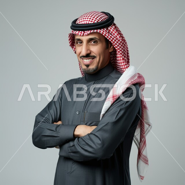 الأناقة والاهتمام بالمظهر الخارجي، التقاط الصور الشخصية للوثائق الرسمية، مفهوم الرجولة والثقة بالنفس، بورتريه لرجل عربي خليجي سعودي يرتدي الشماغ والثوب التقليدي يقف بأيدي متقاطعة ينظر الى الكاميرا بتعابير السرور, الوقوف باستعداد واستقامة، خلفية رمادية