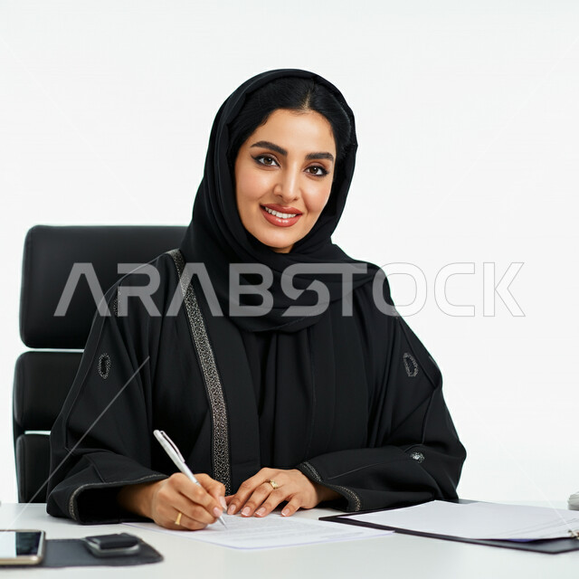 أداء المهام والاعمال المكتبيه داخل مقر الشركه، بورتريه مقرب لامرأة عربية خليجية سعودية مبتسمة ترتدي العباءة تجلس امام مكتبها تمسك بيدها قلم تقوم بتسجيل وتدوين الملاحظات والمعلومات على الورق، النظر الى الكاميرا بتعابير السرور، مهن و وظائف نسائية، خلفية بيضاء