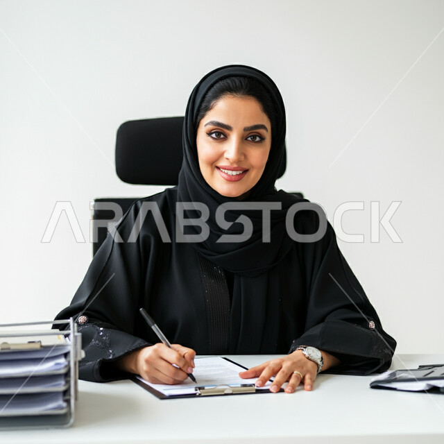 أداء المهام والاعمال المكتبيه داخل مقر الشركه، بورتريه مقرب لامرأة عربية خليجية سعودية مبتسمة ترتدي العباءة تجلس امام مكتبها تمسك بيدها قلم تقوم بتسجيل وتدوين الملاحظات والمعلومات على الورق، النظر الى الكاميرا بتعابير السرور، مهن و وظائف نسائية، خلفية بيضاء