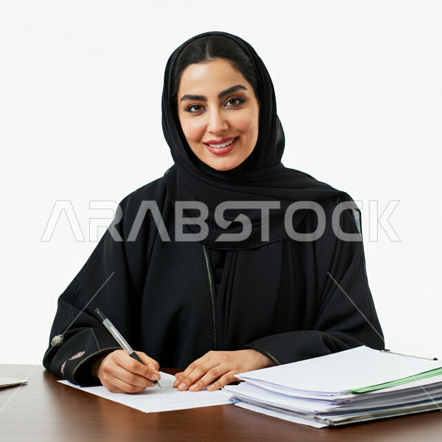 أداء المهام والاعمال المكتبيه داخل مقر الشركه، بورتريه مقرب لامرأة عربية خليجية سعودية مبتسمة ترتدي العباءة تجلس امام مكتبها تمسك بيدها قلم تقوم بتسجيل وتدوين الملاحظات والمعلومات على الورق، النظر الى الكاميرا بتعابير السرور، مهن و وظائف نسائية، خلفية بيضاء