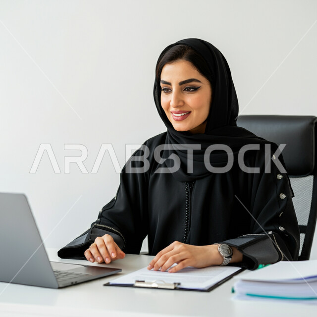 العمل في مكاتب وشركات المملكة العربية السعودية، أستخدام التقنيات والتكنولوجيا في تنظيم وادارة الاعمال، بورتريه لامرأة عربية خليجية سعودية مبتسمة ترتدي العباءة تجلس امام مكتبها تقوم باستخدام جهاز اللابتوب، مهن و وظائف نسائية مكتبية، خلفية بيضاء