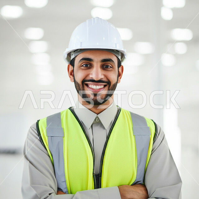 مهن و وظائف هندسية سعودية، العمل في القطاع الهندسي، بورتريه مقرب لمهندس عربي خليجي سعودي مبتسم يرتدي الخوذة وسترة الحماية يقف بايماءات ايدي متقاطعة، النظر الى الكاميرا بتعابير الفرح والسرور، ادارة ومتابعة المشاريع، خلفية بيضاء