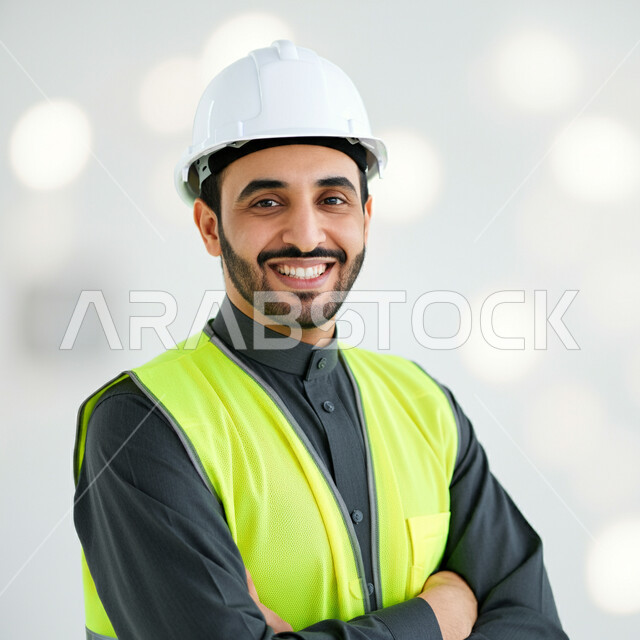 مهن و وظائف هندسية سعودية، العمل في القطاع الهندسي، بورتريه مقرب لمهندس عربي خليجي سعودي مبتسم يرتدي الخوذة وسترة الحماية يقف بايماءات ايدي متقاطعة، النظر الى الكاميرا بتعابير الفرح والسرور، ادارة ومتابعة المشاريع، خلفية بيضاء