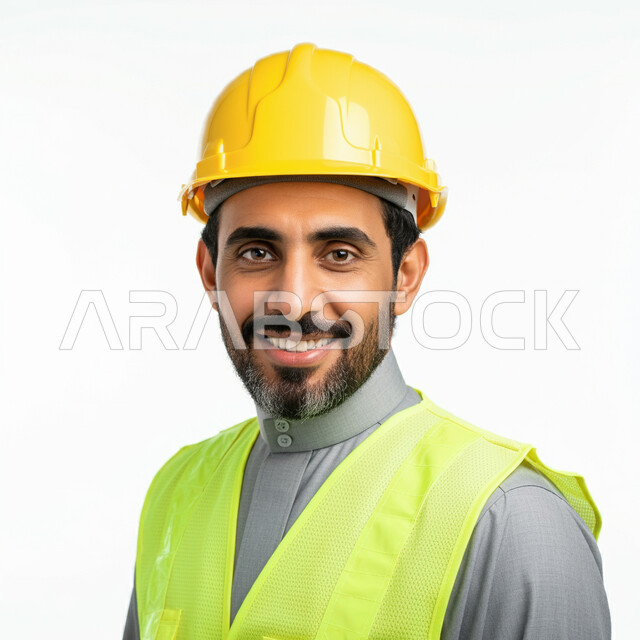 العمل في القطاع الهندسي، بورتريه مقرب لمهندس عربي خليجي سعودي مبتسم يرتدي الخوذة وسترة الحماية يقف باستقامة ويتظر الى الكاميرا بتعابير الفرح والسرور، مهن و وظائف هندسية سعودية، ادارة ومتابعة المشاريع، خلفية بيضاء