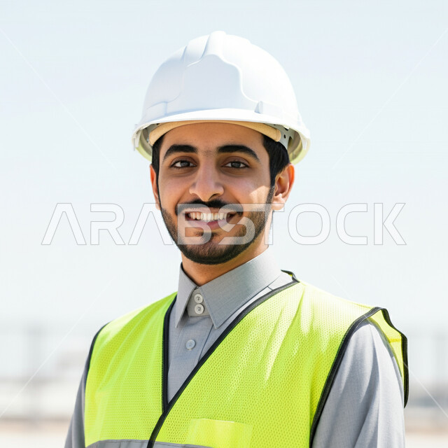 العمل في القطاع الهندسي، بورتريه مقرب لمهندس عربي خليجي سعودي مبتسم يرتدي الخوذة وسترة الحماية يقف باستقامة ويتظر الى الكاميرا بتعابير الفرح والسرور، مهن و وظائف هندسية سعودية، ادارة ومتابعة المشاريع، خلفية بيضاء
