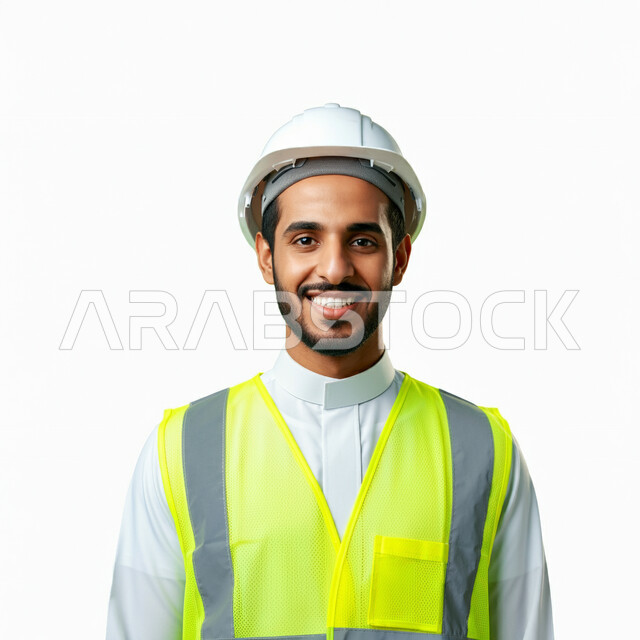 العمل في القطاع الهندسي، بورتريه مقرب لمهندس عربي خليجي سعودي مبتسم يرتدي الخوذة وسترة الحماية يقف باستقامة ويتظر الى الكاميرا بتعابير الفرح والسرور، مهن و وظائف هندسية سعودية، ادارة ومتابعة المشاريع، خلفية بيضاء