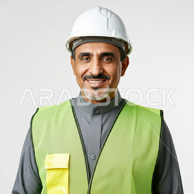 العمل في القطاع الهندسي، بورتريه مقرب لمهندس عربي خليجي سعودي مبتسم يرتدي الخوذة وسترة الحماية يقف باستقامة ويتظر الى الكاميرا بتعابير الفرح والسرور، مهن و وظائف هندسية سعودية، ادارة ومتابعة المشاريع، خلفية بيضاء