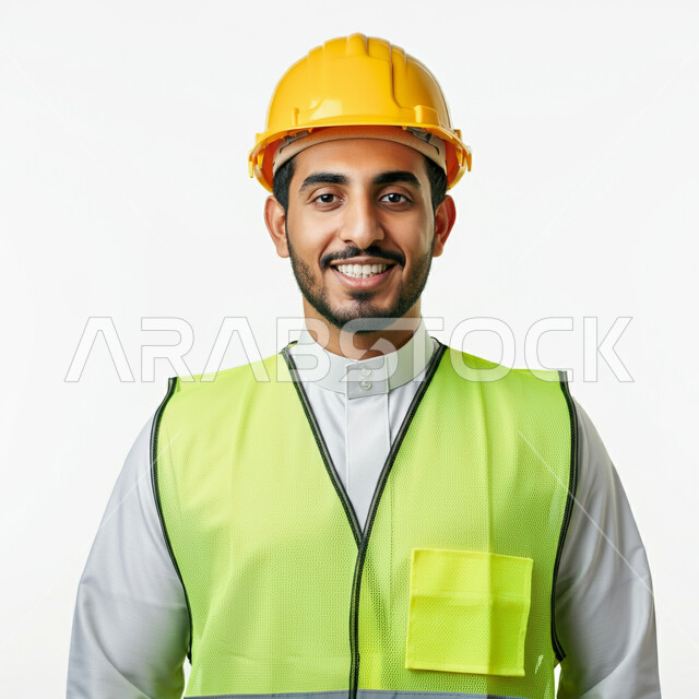 العمل في القطاع الهندسي، بورتريه مقرب لمهندس عربي خليجي سعودي مبتسم يرتدي الخوذة وسترة الحماية يقف باستقامة ويتظر الى الكاميرا بتعابير الفرح والسرور، مهن و وظائف هندسية سعودية، ادارة ومتابعة المشاريع، خلفية بيضاء