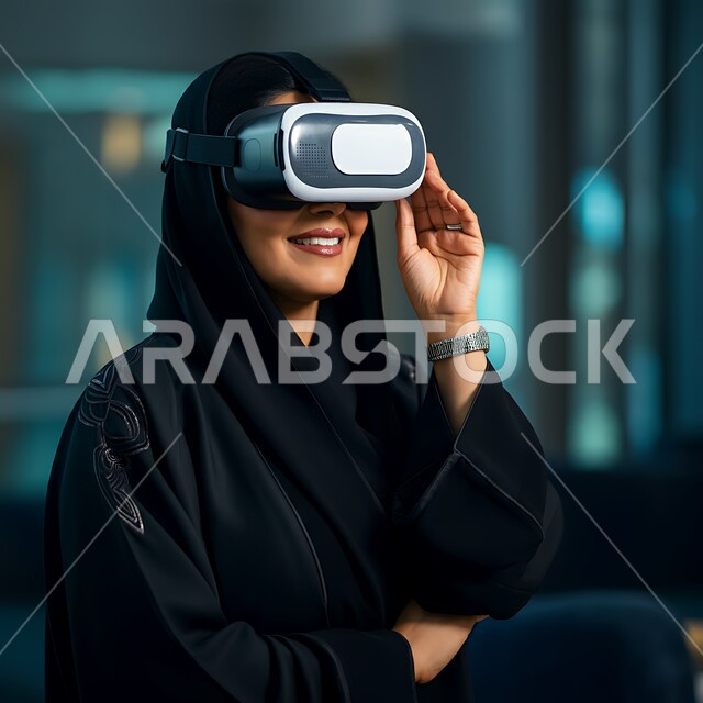 التفاعل والاندماج ومحاكاة العالم الخيالي، صورة مقربة لسيدة عربية خليجية سعودية مبتسمة محجبة ترتدي العباءة السوداء تضع نظارة الواقع الافتراضي بإيماءات الفرح والسرور، المتعة والتسلية بالمشاهدة عبر نظارات ثلاثية الابعاد