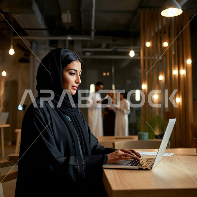 دمج التقنية والتكنولوجيا في الحياة العملية، أداء المهام والاعمال المكتبية داخل مقر الشركة، سيدة عربية خليجية سعودية محجبة مبتسمة ترتدي العباءة تجلس أمام مكتبها تقوم بالعمل على الحاسب المحمول، العمل في مكاتب المملكة العربية السعودية