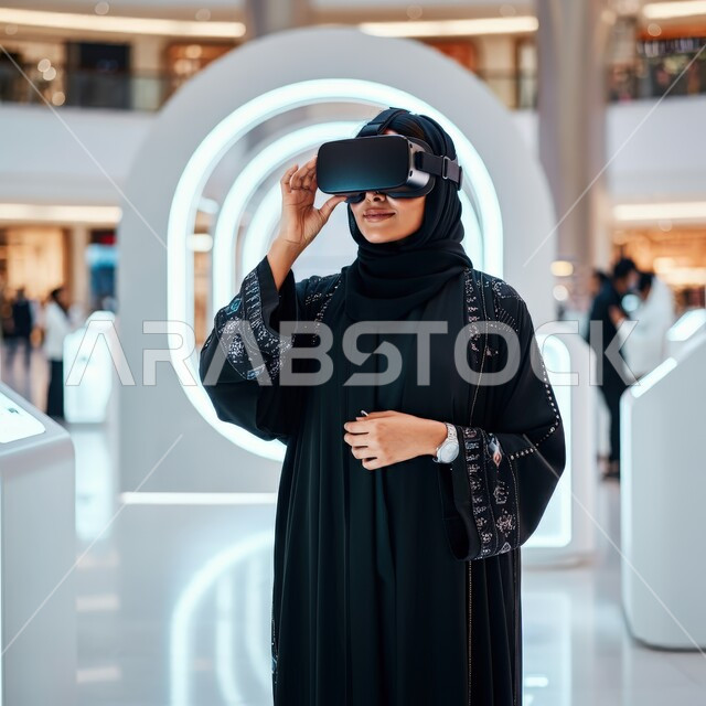 Technical and technological development, entertainment and enjoyment of watching through virtual reality glasses, a veiled Saudi Arabian Gulf young woman wearing a black abaya looking through 3D glasses (VR) with gestures of pleasure, integration and simulation of the imaginary world