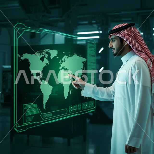 رؤية مستقبلية سعودية 2030، صور من الجانب لرجل عربي خليجي سعودي يرتدي الثوب التقليدي والشماغ يقوم بالنقر والتفاعل مع شاشة هولوجرامية ثلاثية الابعاد تعرض خريطة العالم، العلوم والابتكار وتكنولوجيا الذكاء الاصطناعي، النمو والتطور التكنولوجي وتحقيق الثورة الصناعية