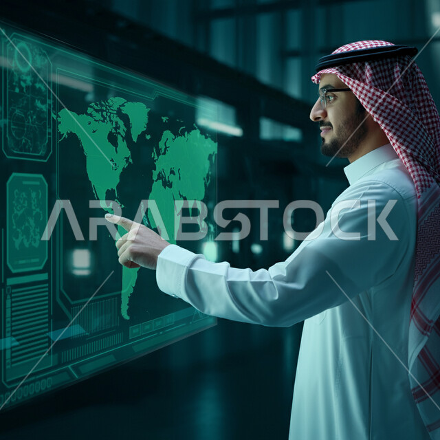 رؤية مستقبلية سعودية 2030، صور من الجانب لرجل عربي خليجي سعودي يرتدي الثوب التقليدي والشماغ يقوم بالنقر والتفاعل مع شاشة هولوجرامية ثلاثية الابعاد تعرض خريطة العالم، العلوم والابتكار وتكنولوجيا الذكاء الاصطناعي، النمو والتطور التكنولوجي وتحقيق الثورة الصناعية