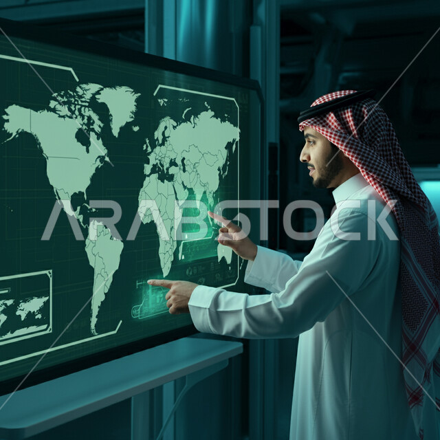 رؤية مستقبلية سعودية 2030، صور من الجانب لرجل عربي خليجي سعودي يرتدي الثوب التقليدي والشماغ يقوم بالنقر والتفاعل مع شاشة هولوجرامية ثلاثية الابعاد تعرض خريطة العالم، العلوم والابتكار وتكنولوجيا الذكاء الاصطناعي، النمو والتطور التكنولوجي وتحقيق الثورة الصناعية