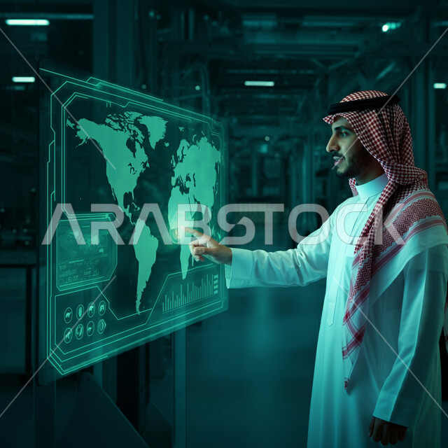 رؤية مستقبلية سعودية 2030، صور من الجانب لرجل عربي خليجي سعودي يرتدي الثوب التقليدي والشماغ يقوم بالنقر والتفاعل مع شاشة هولوجرامية ثلاثية الابعاد تعرض خريطة العالم، العلوم والابتكار وتكنولوجيا الذكاء الاصطناعي، النمو والتطور التكنولوجي وتحقيق الثورة الصناعية