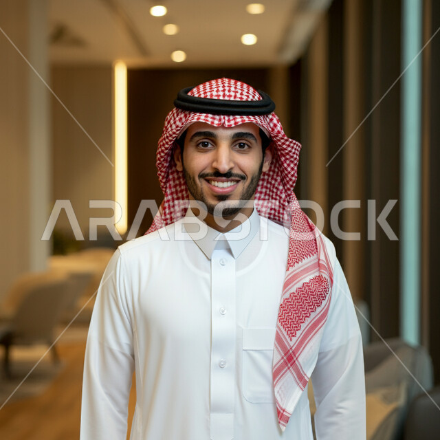 مفهوم الاناقة والرجولة والقوة، الشياكة والاهتمام بالمظهر الخارجي، رجل عربي خليجي سعودي مبتسم يرتدي الثوب التقليدي والشماغ ينظر الى الكاميرا بتعابير الفرح والسرور، الوقوف باستقامة واعتدال، تعابير السعادة والثقة بالنفس