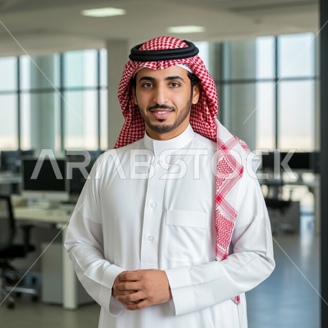 مفهوم الاناقة والرجولة والقوة، الشياكة والاهتمام بالمظهر الخارجي، رجل عربي خليجي سعودي مبتسم يرتدي الثوب التقليدي والشماغ ينظر الى الكاميرا بتعابير الفرح والسرور، الوقوف باستقامة واعتدال، تعابير السعادة والثقة بالنفس