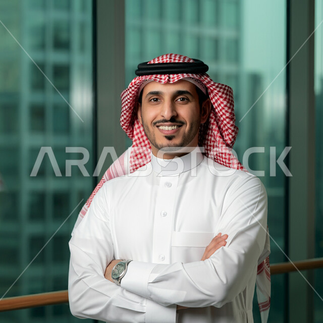 التقاط صور للوثايق الشخصية، الاناقة والاهتمام بالمظهر الخارجي، رجل عربي خليجي سعودي مبتسم يرتدي الثوب التقليدي والشماغ يقف بايماءات ايدي متقاطعة، النظر الى الكاميرا بتعابير الفرح والسرور، مفهوم القوة والشياكة والرجولة