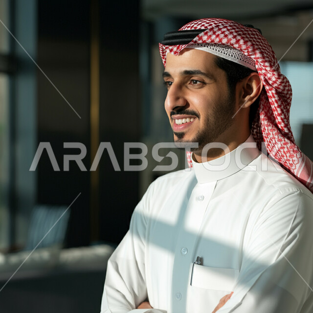 التقاط صور للوثايق الشخصية، الاناقة والاهتمام بالمظهر الخارجي، رجل عربي خليجي سعودي مبتسم يرتدي الثوب التقليدي والشماغ يقف بايماءات ايدي متقاطعة، النظر الى مكان ما بتعابير الفرح والسرور، مفهوم القوة والشياكة والرجولة