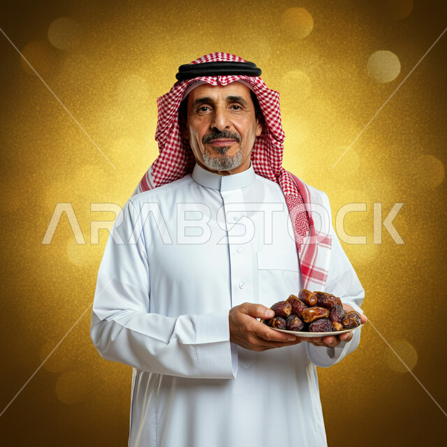 حسن الاستقبال وكرم الضيافة، طبق زجاجي مليء بالتمور، عادات وتقاليد سعودية في اكرام الضيف، محاصيل زراعية وطنية محلية، صورة مقربة لرجل عربي خليجي سعودي يرتدي الثوب التقليدي والغترة يحمل صحن من التمر السكري اللذيذ يضع يده على ذقنه بايماءات السرور