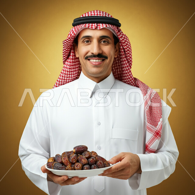طبق زجاجي مليء بالتمور، حسن الاستقبال وكرم الضيافة،عادات وتقاليد سعودية في اكرام الضيف، محاصيل زراعية وطنية محلية، بورتريه مقرب لرجل عربي خليجي سعودي يرتدي الثوب التقليدي والغترة يحمل بيده صحن من التمر السكري اللذيذ، خلفية بنية