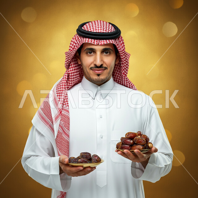 حسن الاستقبال وكرم الضيافة، صحن زجاجي مليء بالتمور، عادات وتقاليد سعودية في اكرام الضيف، محاصيل زراعية وطنية محلية، صورة مقربة لرجل عربي خليجي سعودي يرتدي الثوب التقليدي والغترة يحمل بيده طبقان من التمر السكري اللذيذ