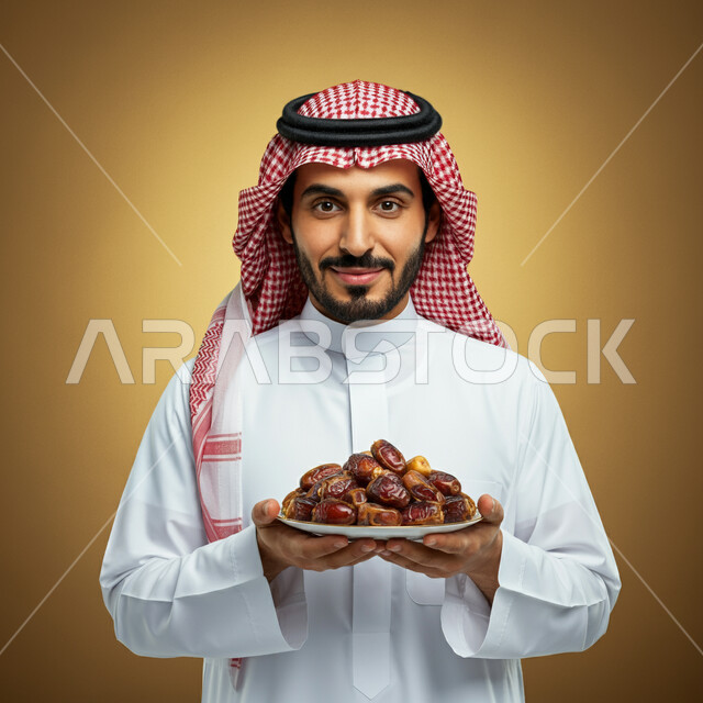 طبق زجاجي مليء بالتمور، حسن الاستقبال وكرم الضيافة،عادات وتقاليد سعودية في اكرام الضيف، محاصيل زراعية وطنية محلية، بورتريه مقرب لرجل عربي خليجي سعودي يرتدي الثوب التقليدي والغترة يحمل بيده صحن من التمر السكري اللذيذ، خلفية بنية