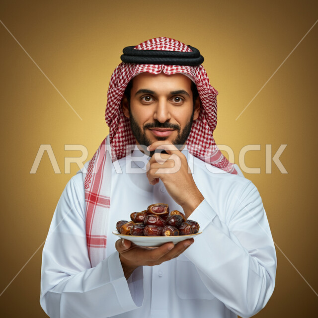 عادات وتقاليد سعودية في اكرام الضيف، حسن الاستقبال وكرم الضيافة، طبق زجاجي مليء بالتمور، محاصيل زراعية وطنية محلية، بورتريه مقرب لرجل عربي خليجي سعودي يرتدي الثوب التقليدي والغترة يحمل صحن من التمر السكري اللذيذ يضع يده على ذقنه بايماءات السرور، خلفية بنية