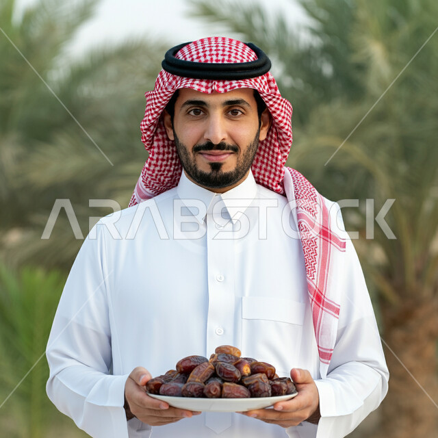 طبق زجاجي مليء بالتمور، حسن الاستقبال وكرم الضيافة، عادات وتقاليد سعودية في اكرام الضيف، محاصيل زراعية وطنية محلية، صورة مقربة لرجل عربي خليجي سعودي يرتدي الثوب التقليدي والغترة يحمل بيده صحن من التمر السكري اللذيذ