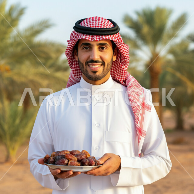 حسن الاستقبال وكرم الضيافة، عادات وتقاليد سعودية في اكرام الضيف، طبق زجاجي مليء بالتمور، محاصيل زراعية وطنية محلية، صورة مقربة لرجل عربي خليجي سعودي يرتدي الثوب التقليدي والغترة يحمل بيده صحن من التمر السكري اللذيذ