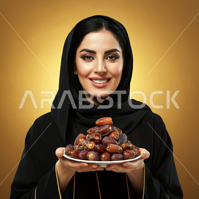 عادات وتقاليد السعويين في اكرام الضيف، محاصيل زراعية وطنية محلية، طبق زجاجي مليء بالتمور، حسن الاستقبال وكرم الضيافة، بورتريه مقرب لامرأة عربية خليجية سعودية ترتدي العباءة تحمل بيدها صحن من التمر السكري اللذيذ، خلفية بنية