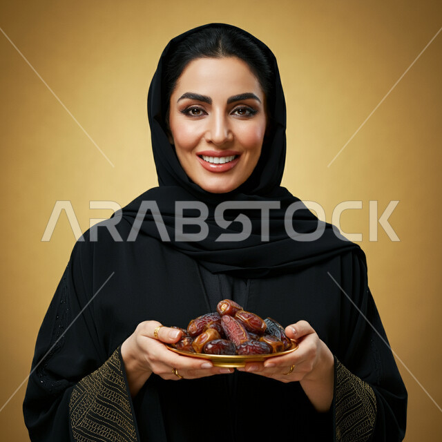Saudi customs and traditions in honoring guests, local national agricultural crops, a glass plate full of dates, good reception and hospitality, close-up portrait of a Saudi Arabian Gulf woman wearing an abaya holding a plate of delicious sugary dates, brown background