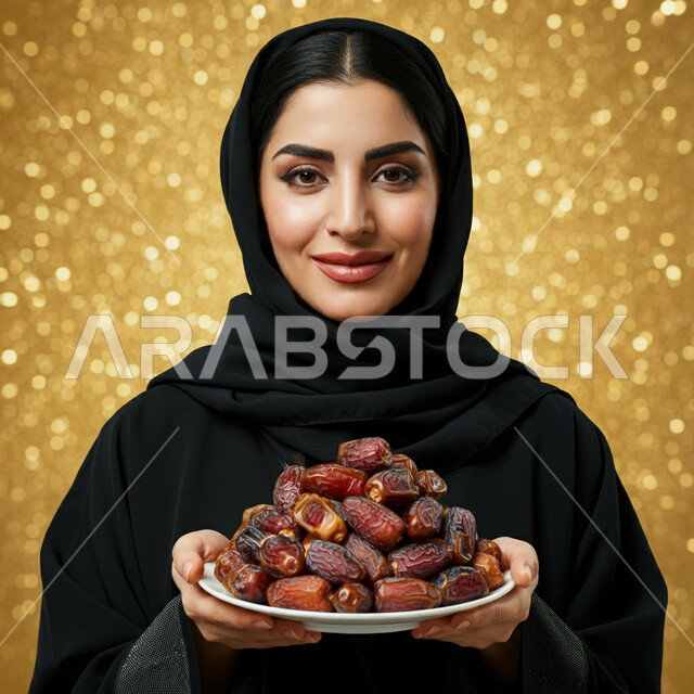 حسن الاستقبال وكرم الضيافة، عادات وتقاليد السعويين في اكرام الضيف، محاصيل زراعية وطنية محلية، طبق زجاجي مليء بالتمور، صورة مقربة لامرأة عربية خليجية سعودية ترتدي العباءة تحمل بيدها صحن من التمر السكري اللذيذ
