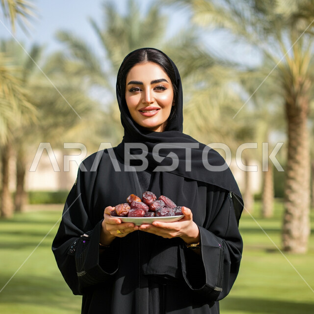 محاصيل زراعية وطنية محلية، طبق زجاجي مليء بالتمور، حسن الاستقبال وكرم الضيافة، عادات وتقاليد السعويين في اكرام الضيف، صورة مقربة لامرأة عربية خليجية سعودية ترتدي العباءة تحمل بيدها صحن من التمر السكري اللذيذ