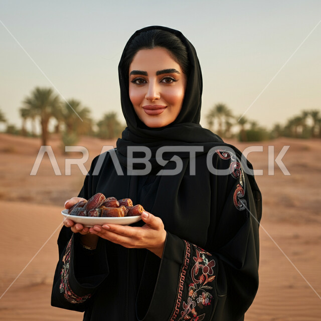 طبق زجاجي مليء بالتمور، عادات وتقاليد السعويين في اكرام الضيف، محاصيل زراعية وطنية محلية، حسن الاستقبال وكرم الضيافة، صورة مقربة لامرأة عربية خليجية سعودية ترتدي العباءة تحمل بيدها صحن من التمر السكري اللذيذ