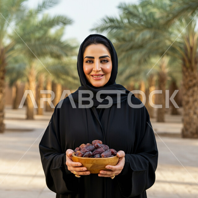 عادات وتقاليد السعويين في اكرام الضيف، محاصيل زراعية وطنية محلية، طبق زجاجي مليء بالتمور، حسن الاستقبال وكرم الضيافة، صورة مقربة لامرأة عربية خليجية سعودية ترتدي العباءة تحمل بيدها صحن من التمر السكري اللذيذ