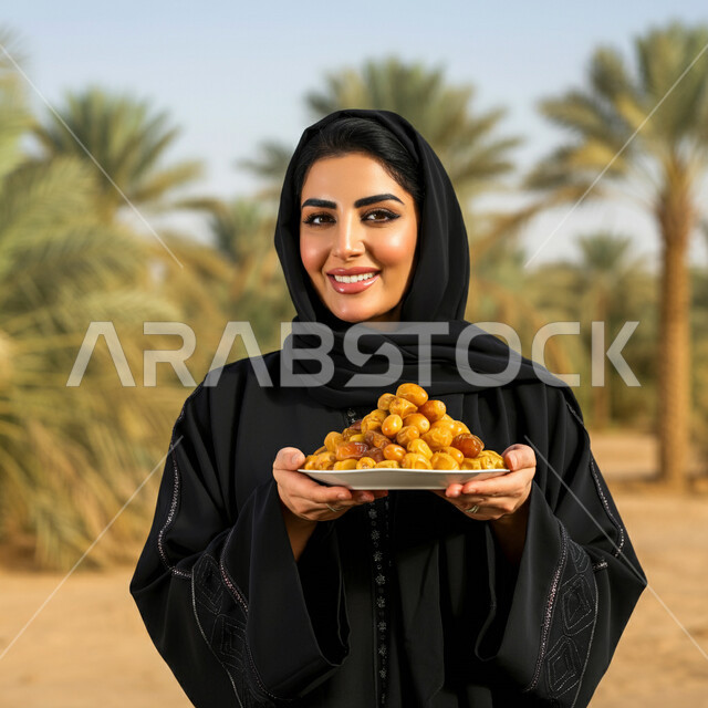 محاصيل زراعية وطنية محلية، طبق زجاجي مليء بالتمور، حسن الاستقبال وكرم الضيافة، عادات وتقاليد السعويين في اكرام الضيف، صورة مقربة لامرأة عربية خليجية سعودية ترتدي العباءة تحمل بيدها صحن من التمر السكري اللذيذ