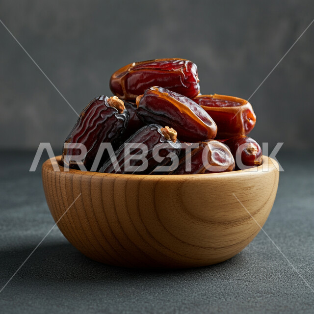غذاء صحي ومفيد، وجبة غذائية عالية الأهمية، منتجات ومحاصيل زراعية محلية وطنية، وعاء خشبي مزخرف مليء بحبات التمر الطازجة، تمور صحية لذيذة، ضيافة رمضانية شهية، خلفية رمادية