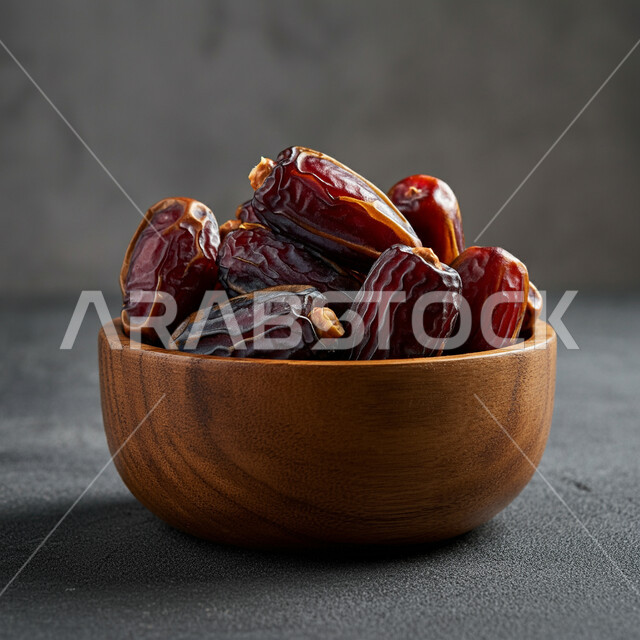 Decorative wooden bowl filled with fresh dates, high nutritional value, healthy and useful food, local national agricultural products and crops, delicious healthy dates, delicious Ramadan hospitality, gray background