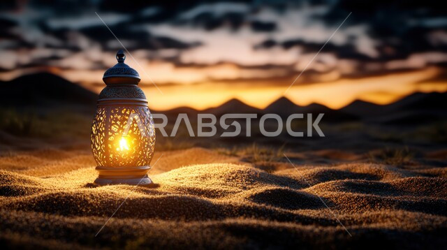 زينة و إضاءة الاعياد والمناسبات الدينية، الاستعداد لاستقبال شهر رمضان المبارك، فانوس معدني مزخرف مضيء وسط الرمال، الكثبان الرملية والبيئة الصحراوية في المناطق البرية في المملكة العربية السعودية
