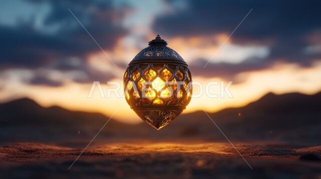الاستعداد لاستقبال شهر رمضان المبارك، زينة و إضاءة الاعياد والمناسبات الدينية، فانوس معدني معلق مزخرف مضيء وسط الرمال، الكثبان الرملية والبيئة الصحراوية في المناطق البرية في المملكة العربية السعودية