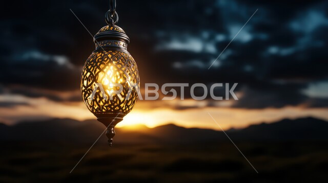 Decorations and lighting for religious holidays and occasions, preparing to welcome the holy month of Ramadan, a decorated metal lantern illuminated in the middle of the sand, sand dunes and desert environment in the wilderness areas of the Kingdom of Saudi Arabia