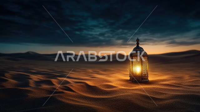 Decorative metal lantern illuminated in the sand, preparing to welcome the holy month of Ramadan, decoration and lighting for religious holidays and occasions, sand dunes and desert environment in the wilderness areas of the Kingdom of Saudi Arabia