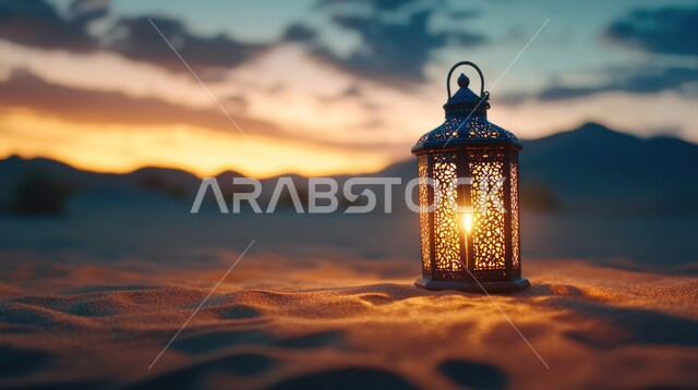 Decorations and lighting for religious holidays and occasions, preparing to welcome the holy month of Ramadan, a decorated metal lantern illuminated in the middle of the sand, sand dunes and desert environment in the wilderness areas of the Kingdom of Saudi Arabia